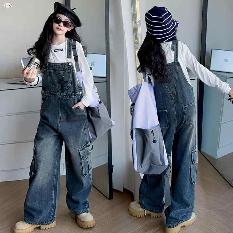 デニム サロペット 女の子 ガールズ ジュニア ゆったり ルーズ ワイド ハイウエスト 韓国 おしゃれ か..