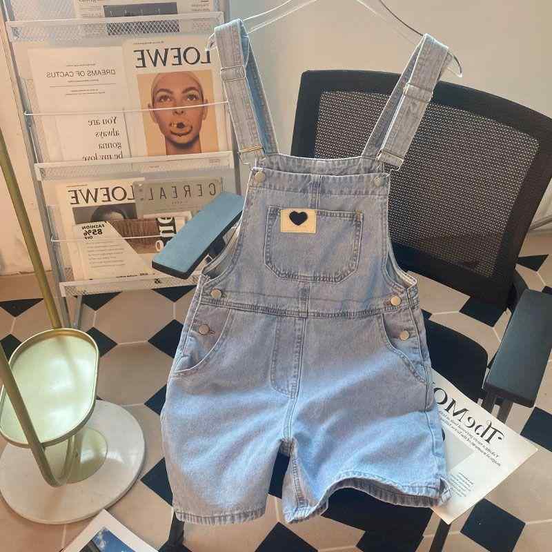 サロペット キッズ 女の子 春夏 デニム 綿 コットン オーバーオール ショートパンツ 短パン ゆったり ルーズ ハートワッペン ハイウエスト 韓国 かわいい おしゃれ ブルー カジュアル 普段使い