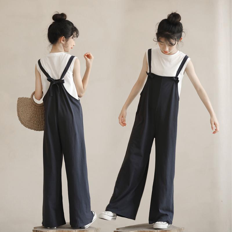 サロペット ガールズ ジュニア 女の子 春夏 ゆったり ルーズ ニット 綿素材 ハイウエスト 無地 ロング..