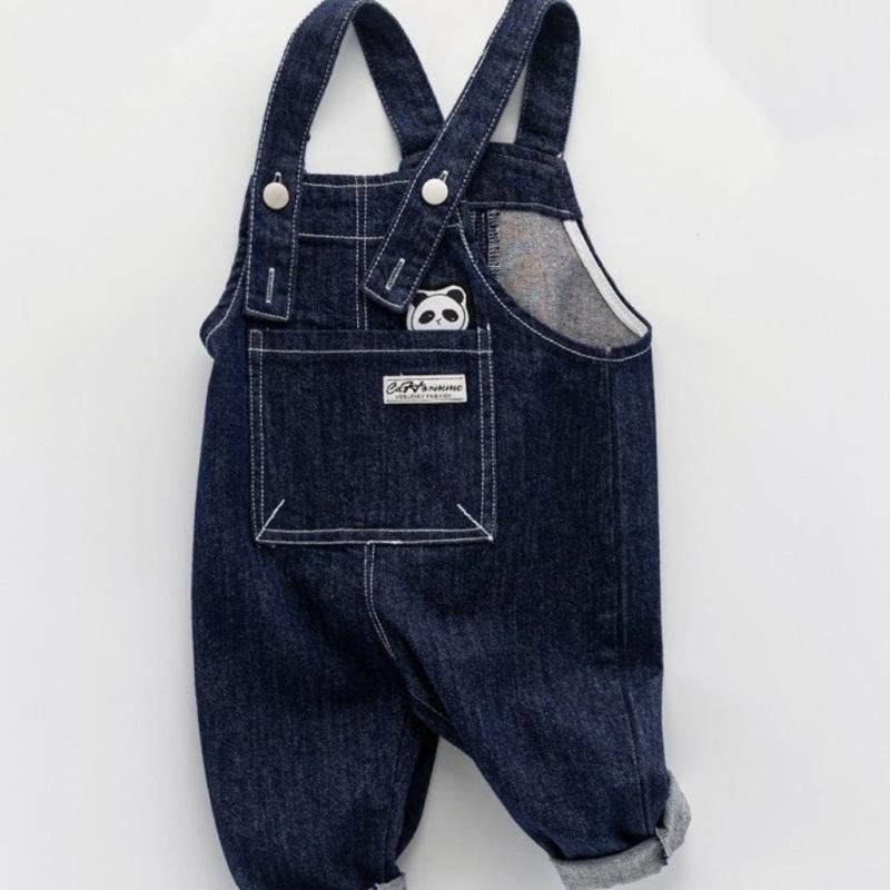 オーバーオール ベビー 子供用 男の子 女の子 男女兼用 デニム サロペット 長ズボン 春秋 カジュアル ダークブルー イエロー アルファベット柄 高伸縮