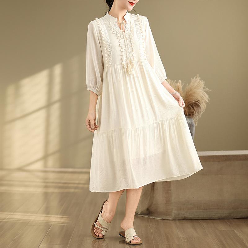 ワンピース 春夏 長袖 Vネック ウエストマーク 精巧な刺繍 レトロ ヴィンテージ風 細見え スタイルアップ ロング丈 マキシ丈 ポリエステル ホワイト カジュアル お出かけ