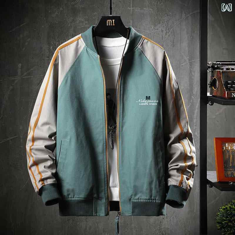 ジャケット メンズ ブルゾン アウター 春秋 ゆったり ルーズフィット スタンドカラー フードなし ジップアップ ファスナー サイドポケット カジュアル 普段使い ストリート系 ポリエステル 無地 イージーケア ブラック 黒