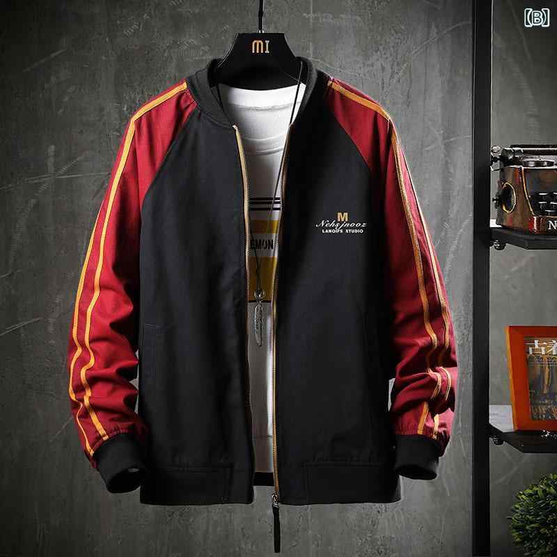 ジャケット メンズ ブルゾン アウター 春秋 ゆったり ルーズフィット スタンドカラー フードなし ジップアップ ファスナー サイドポケット カジュアル 普段使い ストリート系 ポリエステル 無地 イージーケア ブラック 黒