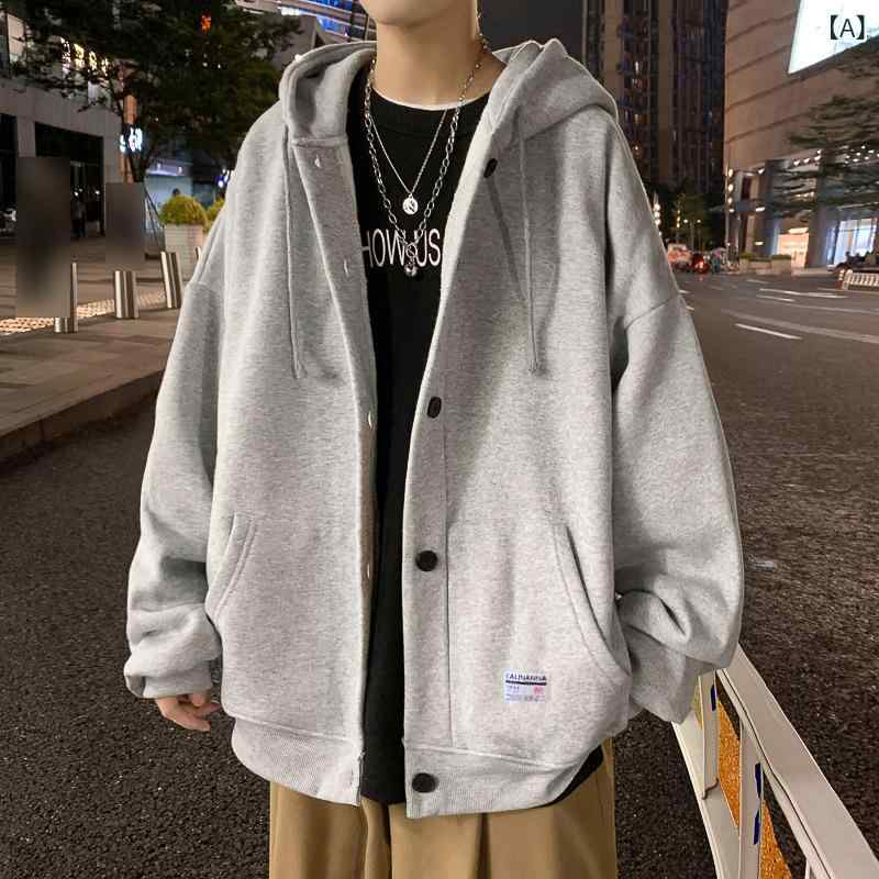 ジャケット メンズ 春秋 フード付き カジュアル スタジャン パーカー ジップアップ ブルゾン 韓国 ゆったり 無地 長袖 サイドポケット ポリエステル 耐久性