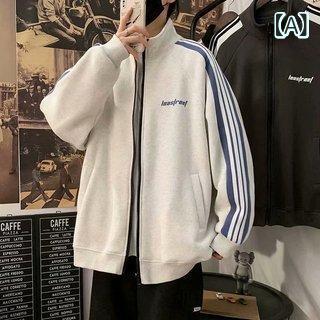 ジャケット メンズ スタジャン ブルゾン 韓国系 ストリート トレンド カジュアル 裏起毛 秋冬 冬 防寒 保温 暖かい スタンドカラー ポリエステル 綿混 グレー ブラック