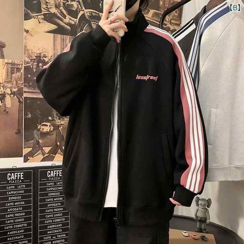 ジャケット メンズ スタジャン ブルゾン 韓国系 ストリート トレンド カジュアル 裏起毛 秋冬 冬 防寒 保温 暖かい スタンドカラー ポリエステル 綿混 グレー ブラック