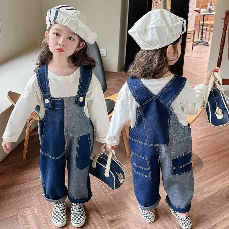 オーバーオール キッズ 女の子 3-8歳 100-140cm対応 切り替え デニム 綿 コットン ロング丈 春秋 カジュアル 韓国 かわいい ゴムウエスト キャラクター柄 ボトムス