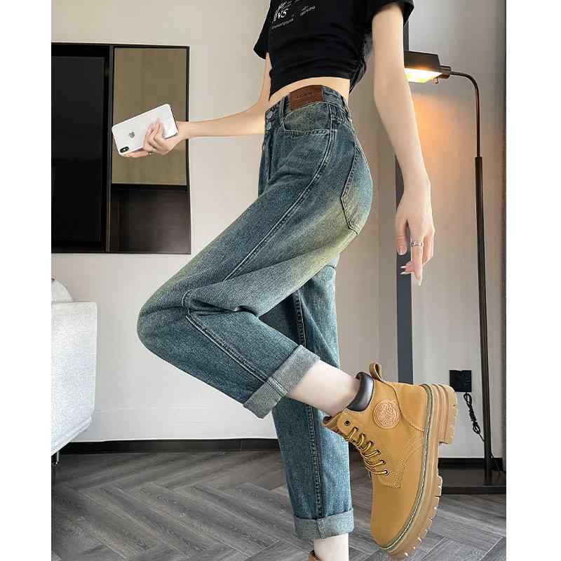 デニム レディース 秋冬 小柄向け ハイウエスト スタイルアップ ゆったり テーパード ストレート ダッドジーンズ クロップド丈 九分丈 ..