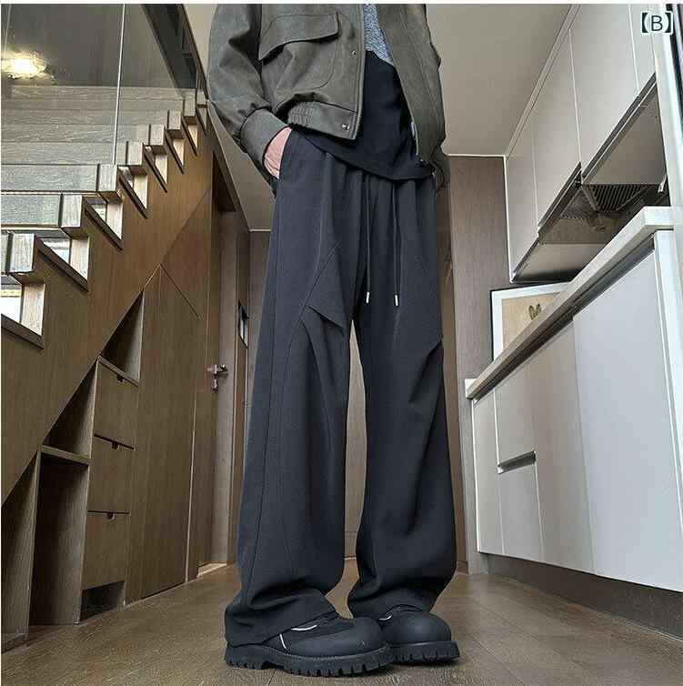 カジュアルパンツ メンズ ストレート ゆったり ルーズ ドレープ感 高級感 アメカジ トレンド 普段使い ポリエステル 春秋 グレー ブラック