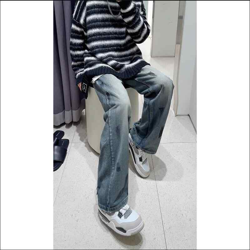 デニムパンツ メンズ 春秋 グラデーションカラー ペイント ストレートワイド アメカジ ストリート カジュアル トレンド ウォッシュ加工 ストレッチ コットン ブルー ジーンズ