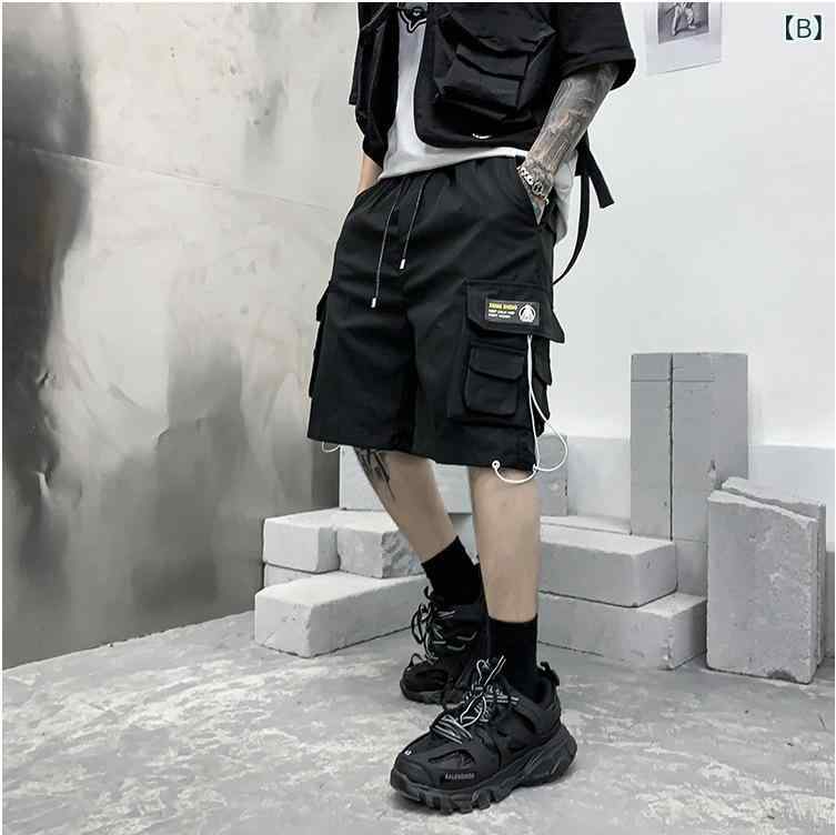 ショートパンツ メンズ 膝丈 カーゴ ゆったり ストリート カジュアル ドローストリング ウエストゴム ポケット 綿混 コットン 通気性 スポーツ レジャー 春夏 黒
