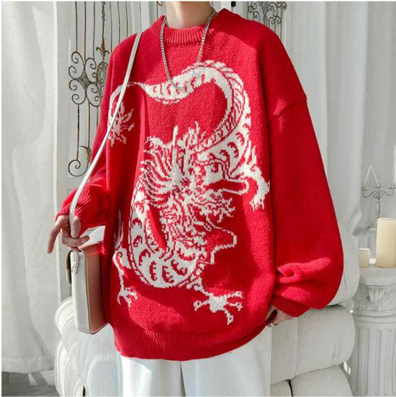 ニット メンズ レディース 男女兼用 秋冬 お正月 モチーフ クルーネック 長袖 ゆったり ビッグシルエット 大きいサイズ セーター プルオーバー ポリエステル カジュアル 普段使い おしゃれ レッド ブラック
