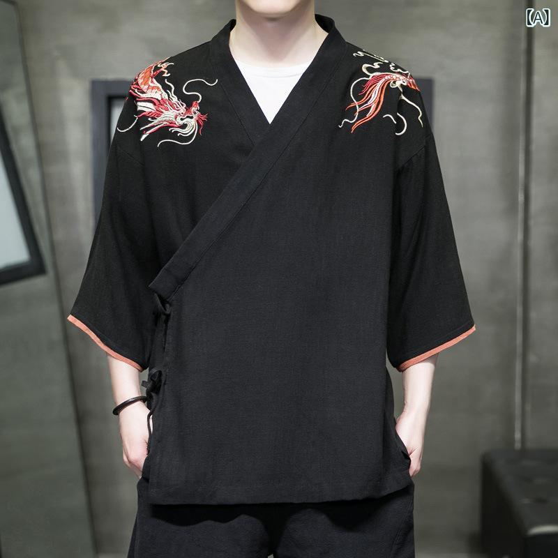 漢服 チャイナ服 メンズ 中国風 龍柄 刺繡 切り替え 配色 ポンチョ ケープ 羽織り 五分袖 麻 リネン 大きいサイズ ビッグシルエット カジュアル スタイリッシュ 白 黒 灰青 春夏