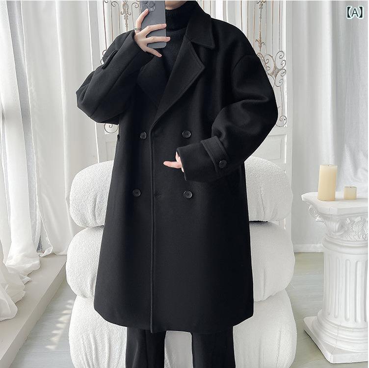 コート メンズ 秋冬 ウールブレンド ポリエステル ミドル丈 ダブルブレスト テーラードカラー カジュアル ビジネス 普段使い 大きいサイズ スタイリッシュ アウター ブラック カーキ ベージュ