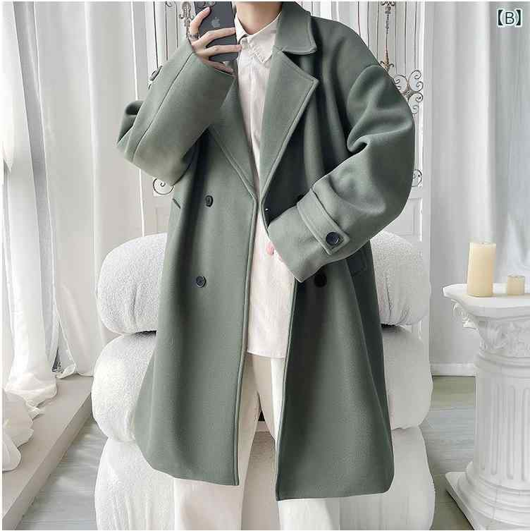 コート メンズ 秋冬 ウールブレンド ポリエステル ミドル丈 ダブルブレスト テーラードカラー カジュアル ビジネス 普段使い 大きいサイズ スタイリッシュ アウター ブラック カーキ ベージュ