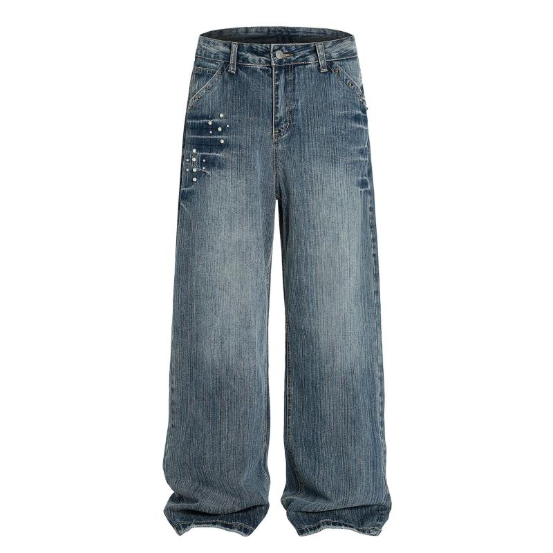 デニムパンツ ユニセックス アメリカンレトロ シンプル パール装飾 個性的 ワイドストレート ゆったり コットン ジーンズ カジュアル 普段使い 春夏 ブルー