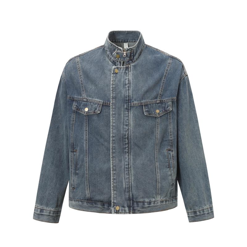 デニムジャケット メンズ 男性用 アメリカン レトロ ウォッシュ加工 ワーク ストリート カジュアル 秋冬 綿 コットン ゆったり ビッグシルエット レギュラー丈 襟付き 長袖 ジップアップ 通気性 普段使い デイリー セメントイエロー ダークブルー