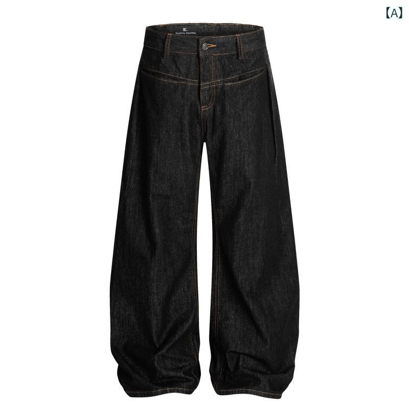 デニムパンツ 男女兼用 アメリカンヴィンテージ風 レトロ 個性的 シンプル バナナシルエット ワイドストレート ルーズフィット 綿素材 ノンストレッチ ミドルウエスト 春夏 カジュアル 普段使い ブラック