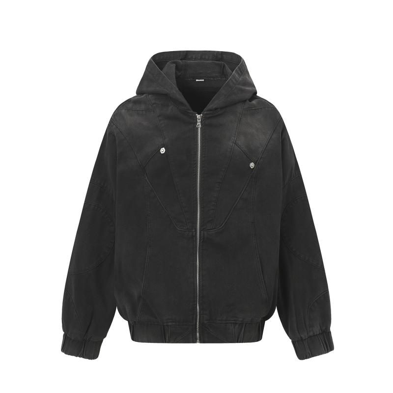 レザージャケット メンズ アメリカンヴィンテージ風 デコンストラクト切り替え ワーク ストリート フード付き ゆったり ジップアップ コットンブレンド 通気性 耐摩耗性 秋冬 カジュアル デイリーユース