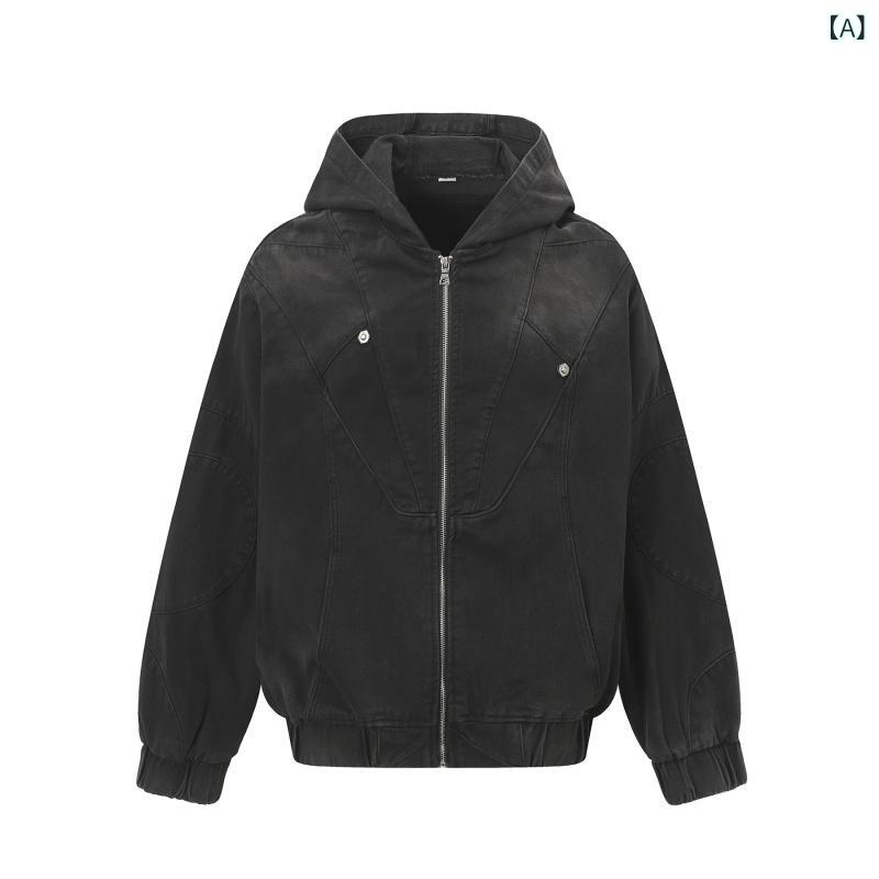 レザージャケット メンズ アメリカンヴィンテージ風 デコンストラクト切り替え ワーク ストリート フード付き ゆったり ジップアップ コットンブレンド 通気性 耐摩耗性 秋冬 カジュアル デイリーユース