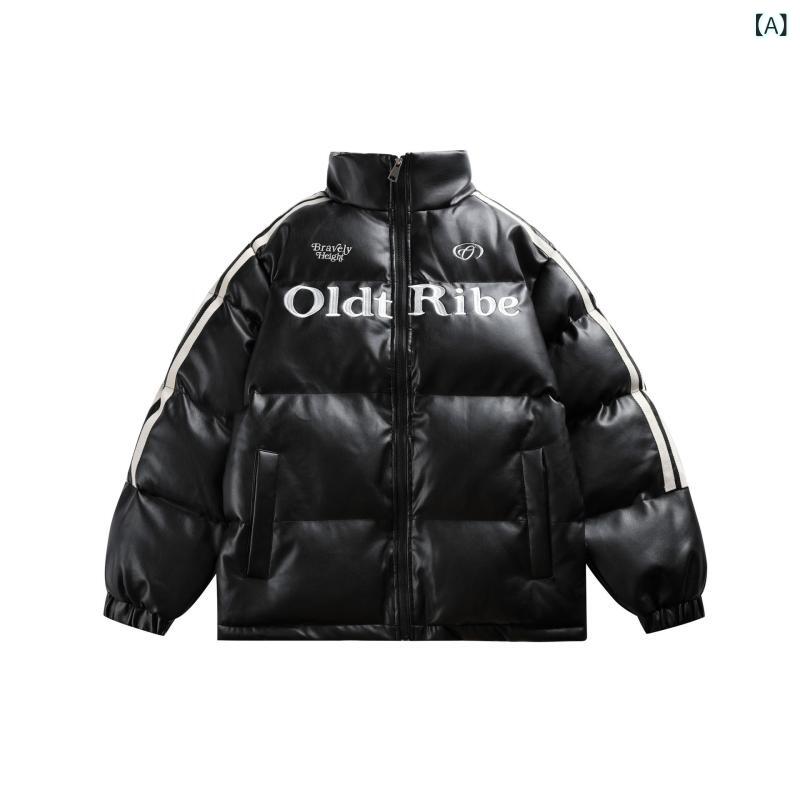 中綿ジャケット ユニセックス 男女兼用 オーバーサイズ PUレザー 合皮 刺繍 防寒 保温 厚手 ストリート アメカジ カジュアル ペアルック 冬