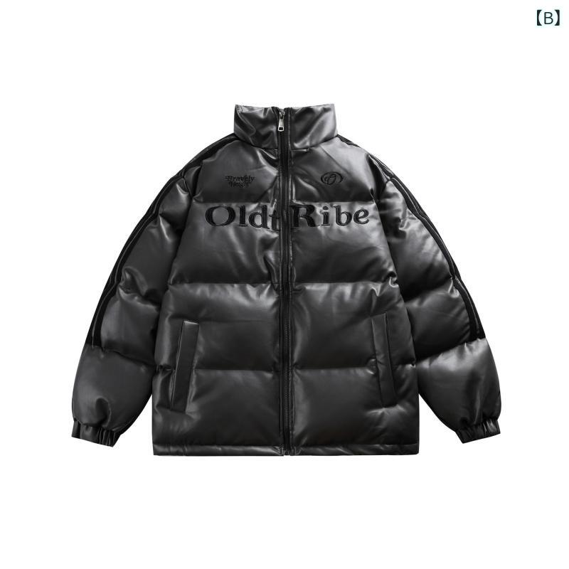 中綿ジャケット ユニセックス 男女兼用 オーバーサイズ PUレザー 合皮 刺繍 防寒 保温 厚手 ストリート アメカジ カジュアル ペアルック 冬