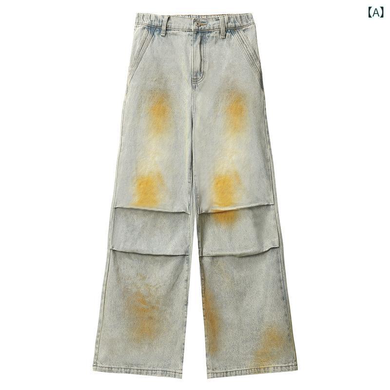 デニムパンツ メンズ ストリート アメカジ ヴィンテージ風 レトロ ウォッシュ加工 ワイドレッグ ルーズフィット ミドルウエスト ジーンズ コットン バギーパンツ