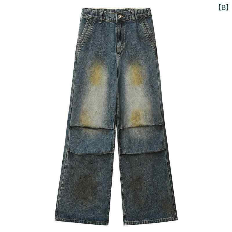 デニムパンツ メンズ ストリート アメカジ ヴィンテージ風 レトロ ウォッシュ加工 ワイドレッグ ルーズフィット ミドルウエスト ジーンズ コットン バギーパンツ