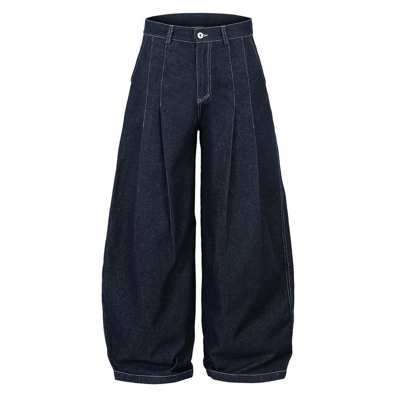 デニムパンツ メンズ ハイウエスト ルーズフィット ワイドストレート ブルー しわ加工 コットンデニム 春秋 デイリーユース カジュアル ストリートファッション ノンストレッチ