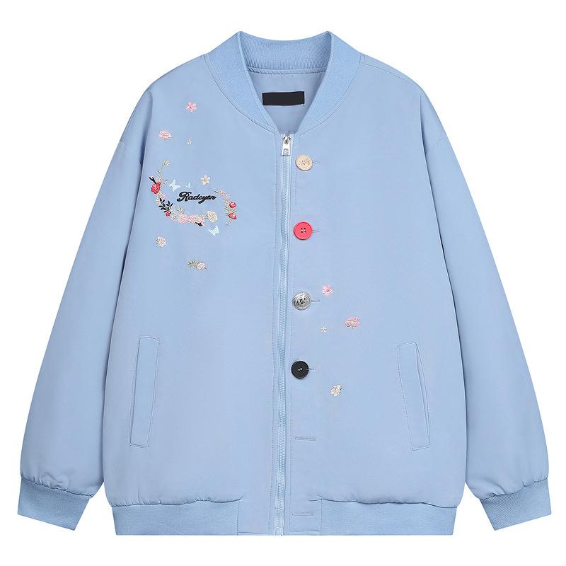 ジャケット 男女兼用 ユニセックス 秋 レトロ かわいい 刺繡 スタンドカラー オーバーサイズ ゆったり ジップアップ ストリート カジュアル ポリエステル アウター ブルー ベージュ