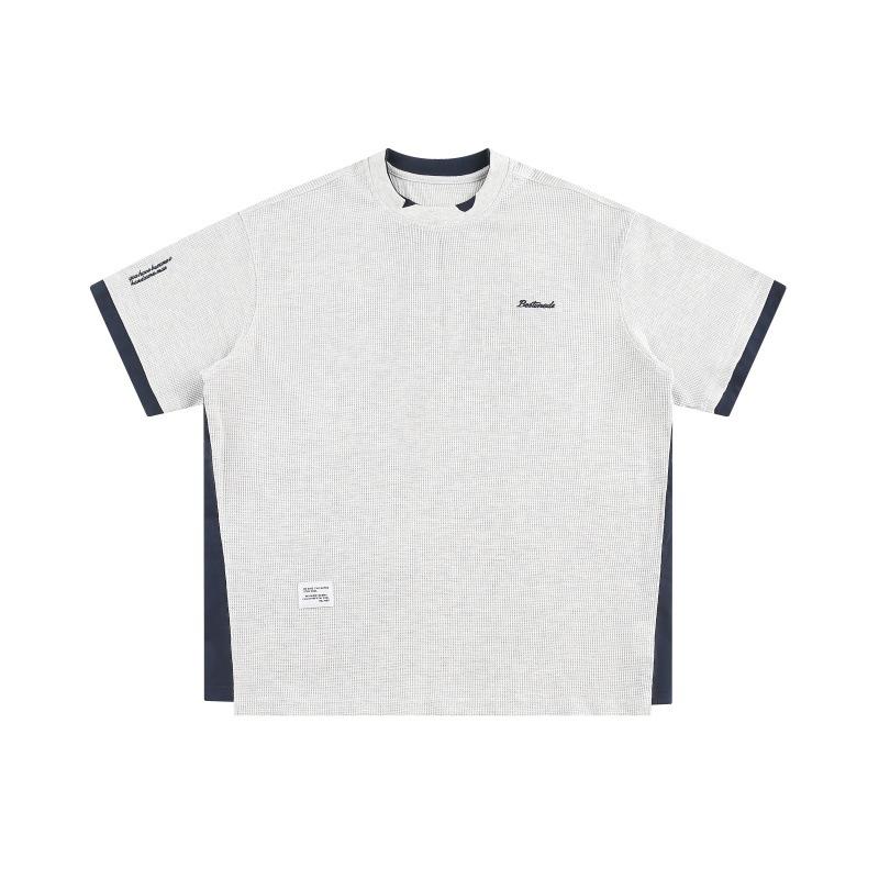 Tシャツ メンズ 半袖 アメリカンレトロ フェイクレイヤード 重ね着風 レター刺繍 ワッフル素材 ポリエステル ゆったり オーバーサイズ ..