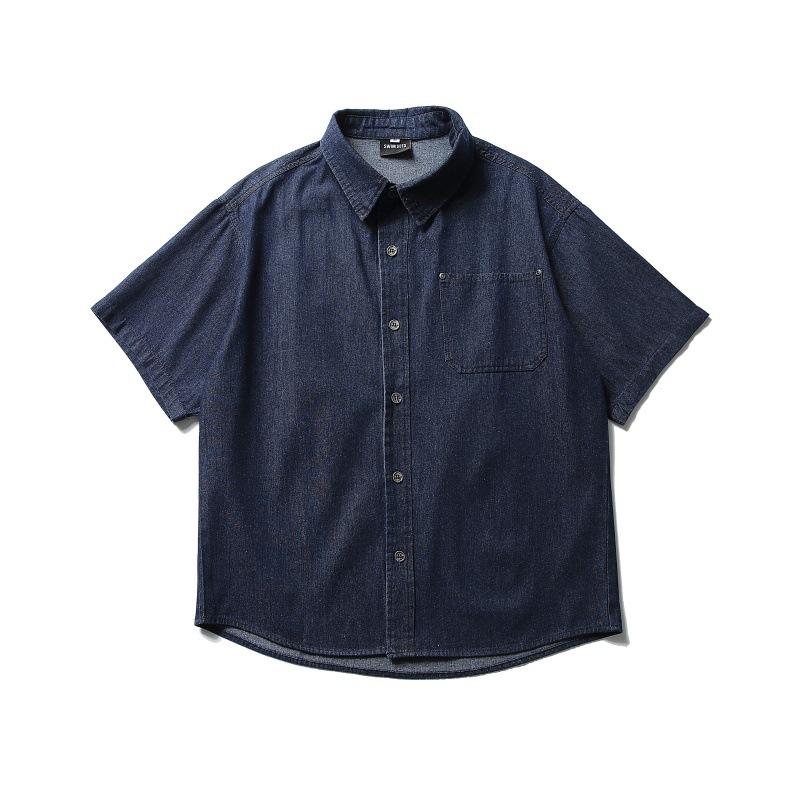 シャツ メンズ レトロ ヴィンテージ風 cityboy デニム コットン 半袖 開襟 ゆったり オーバーサイズ パッチポケット 通気性 カジュアル ワーク 春夏