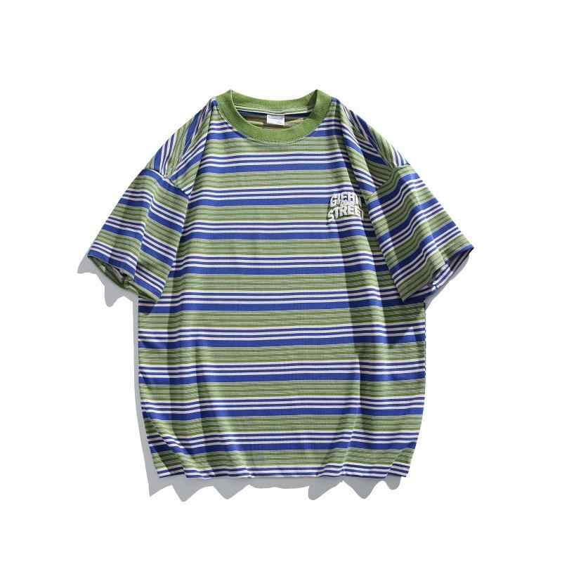 Tシャツ ユニセックス 配色 ボーダー ヴィンテージ風風 ロゴプリント ゆったり ビッグシルエット 半袖 クルーネック 綿 通気性 春夏 カジュアルのサムネイル