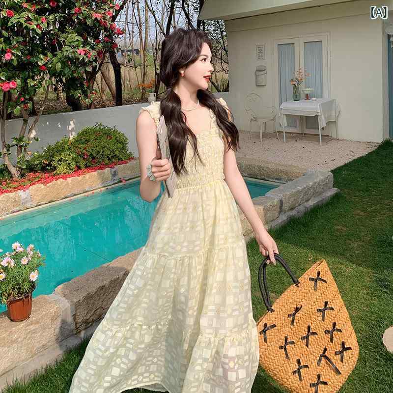 キャミワンピース レディース 女性用 ピンク スクエアネック ノースリーブ フレンチ 韓国 リゾート ビーチ フェミニン カジュアル ミモレ丈 ポリエステル 春夏