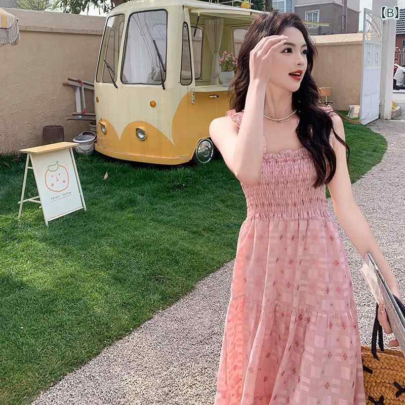 キャミワンピース レディース 女性用 ピンク スクエアネック ノースリーブ フレンチ 韓国 リゾート ビーチ フェミニン カジュアル ミモレ丈 ポリエステル 春夏