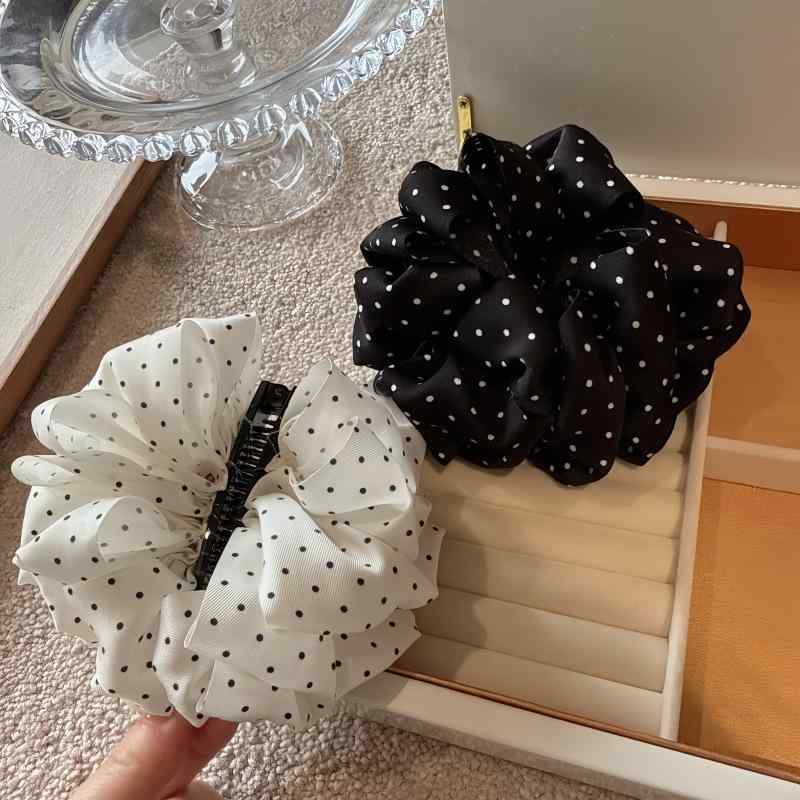 ヘアアクセサリー レディース フレンチ ドット柄 水玉 花モチーフ バナナクリップ リボン プリーツ ポ..