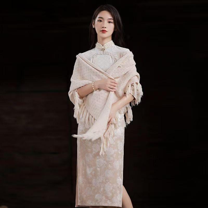 ショール レディース 透かし編み ショートストール 羽織り チャイナドレス合わせ 薄手 フリンジ レトロ..