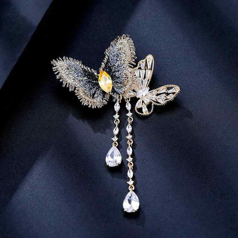 ブローチ レディース ジルコニア バタフライ チェーン タッセル フレンチスタイル ライトラグジュアリ..