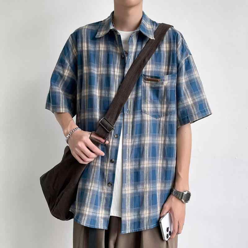 シャツ メンズ 和風 レトロ チェック柄 五分袖 ゆったり オーバーサイズ 襟付き トレンド ポケット付き カジュアル 春夏 普段使い 薄手 しわになりにくい ポリエステル トップス ブルー グリーン(4)