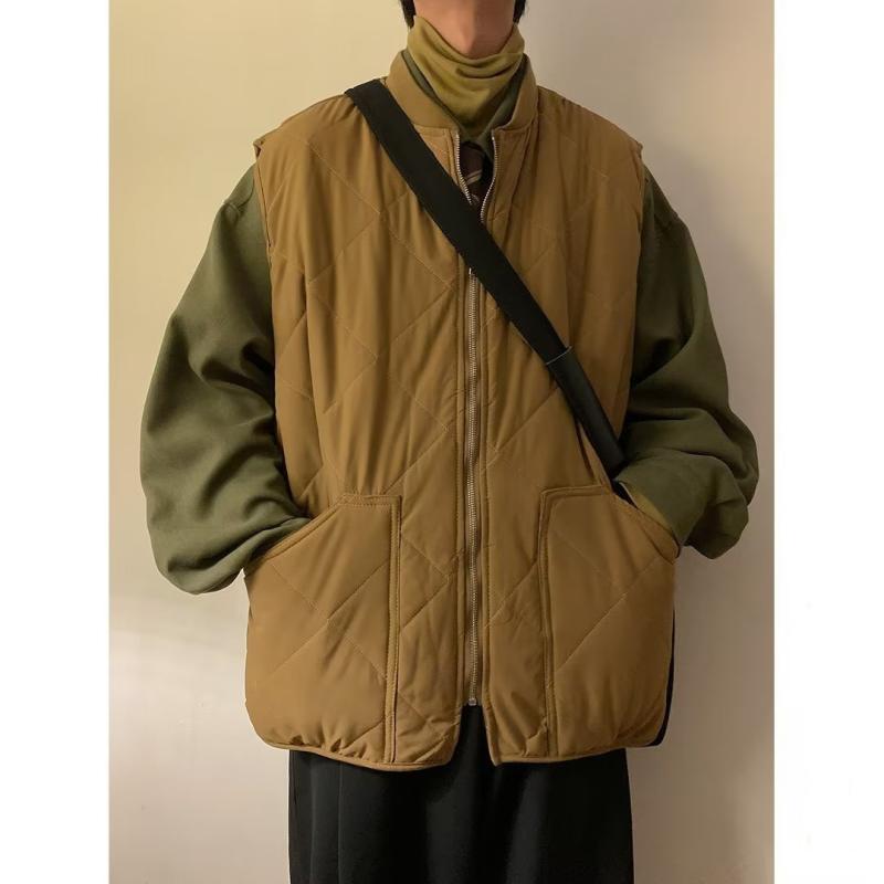 中綿ベスト メンズ スタンドカラー レトロ キルティング ひし形柄 防寒 保温 ゆったり オーバーサイズ ..