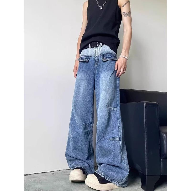 デニムパンツ メンズ 男性用 韓国ファッション ストリート Aライン ワイドストレート ゆったり フルレングス ロング丈 ウォッシュ加工 ヴィンテージ風加工 綿 コットン ストレッチ ブルー ミッドウエスト