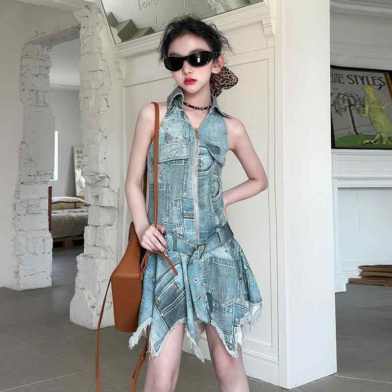 ワンピース 女の子 ホルターネック 襟付き プリント柄 ウエストマーク アシンメトリー レトロ ヴィンテ..