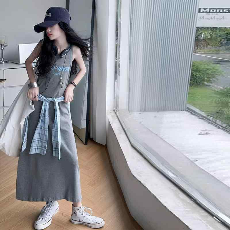 キッズ 女の子 ガールズ ジュニア フェイクレイヤード キャミソールワンピース 春夏 切り替え チェック柄 ウエストリボン ロング丈 Aラインフレア コットン混 普段使い お出かけ着