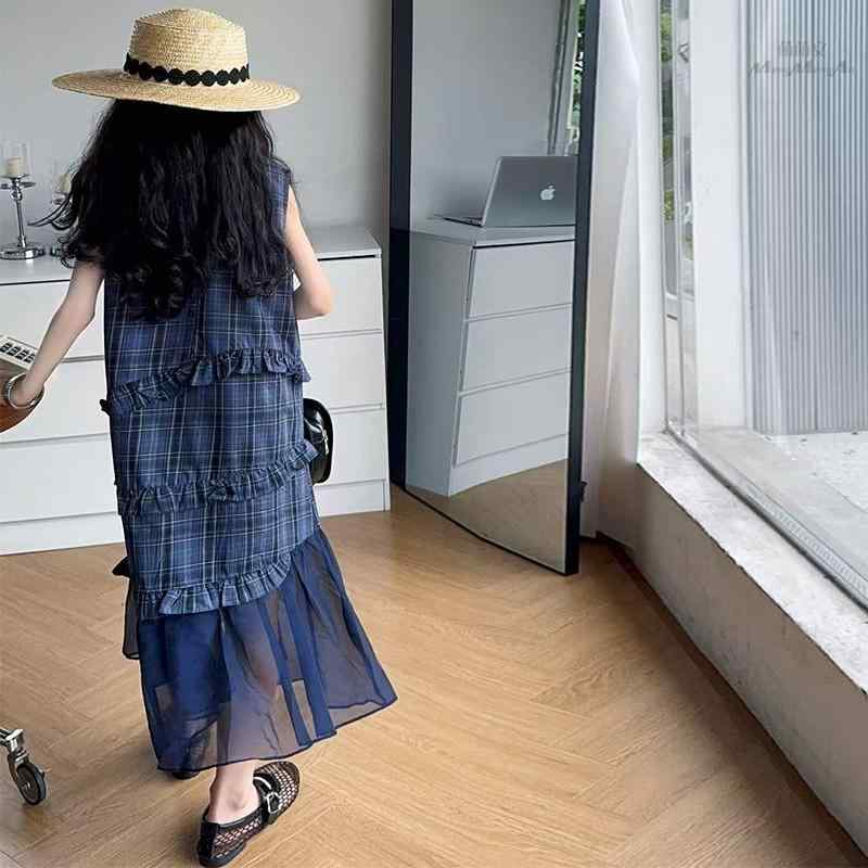 ワンピース 女の子 キッズ ジュニア メッシュ 切り替え チェック柄 綿混 アセテート混 柔らか 春夏 カジュアル 普段使い ノースリーブ ロング丈