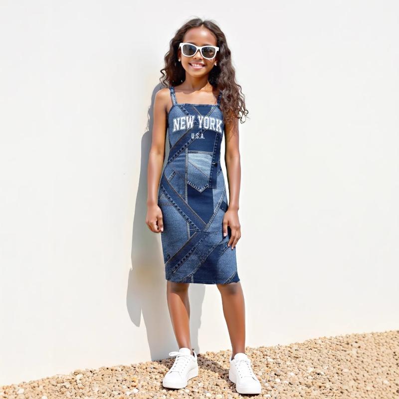 キャミソールワンピース 女の子 ロング丈 マキシ丈 Aライン アルファベット柄 プリント 細見え 体型カバー 上品 ポリエステル 春夏 普段着