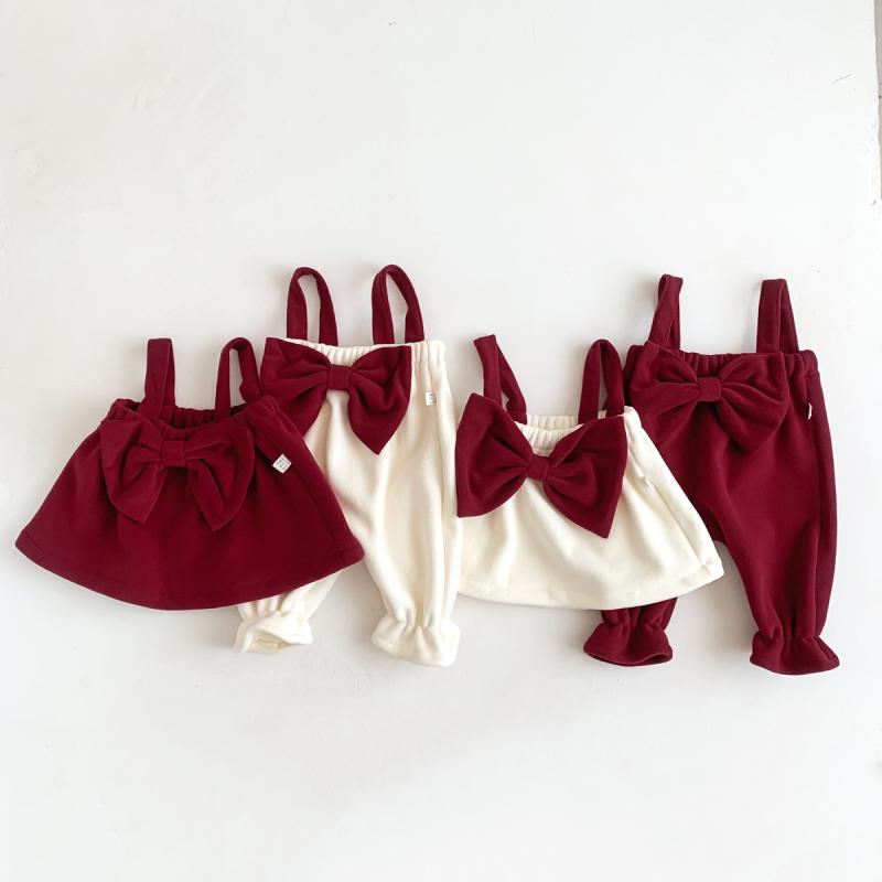 ベビー 女の子 ワンピース 韓国 プリンセス サロペット Aライン 厚手 フリース ビッグリボン クリスマス パーティー 秋冬 レッド お出かけ