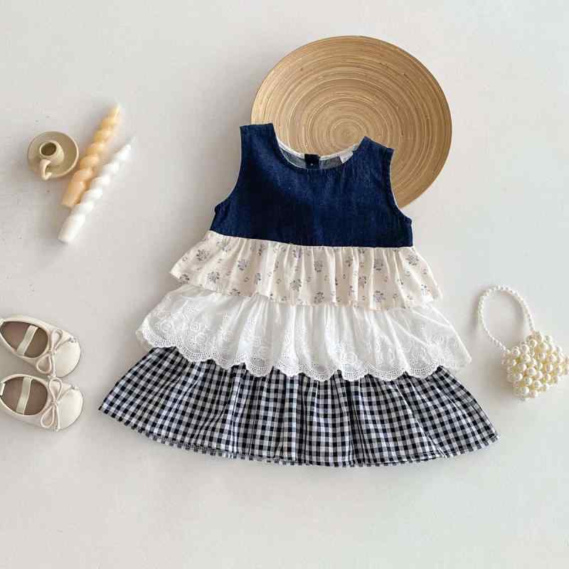 ワンピース 女の子 ベビー服 ティアード デニム チェック柄 切り替え 韓国ファッション Aライン プリン..