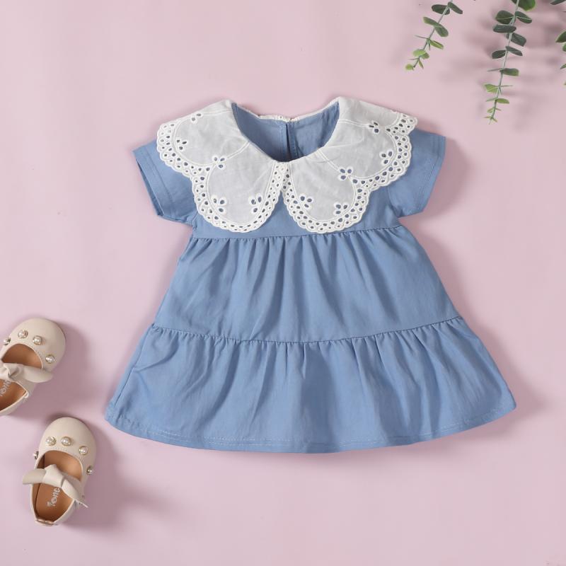 ワンピース ベビー 女の子 半袖 無地 フリル襟 裾フリル フレアスカート 綿素材 コットン カジュアル 韓国 かわいい おしゃれ 春夏 普段着 通園 ライトブルー