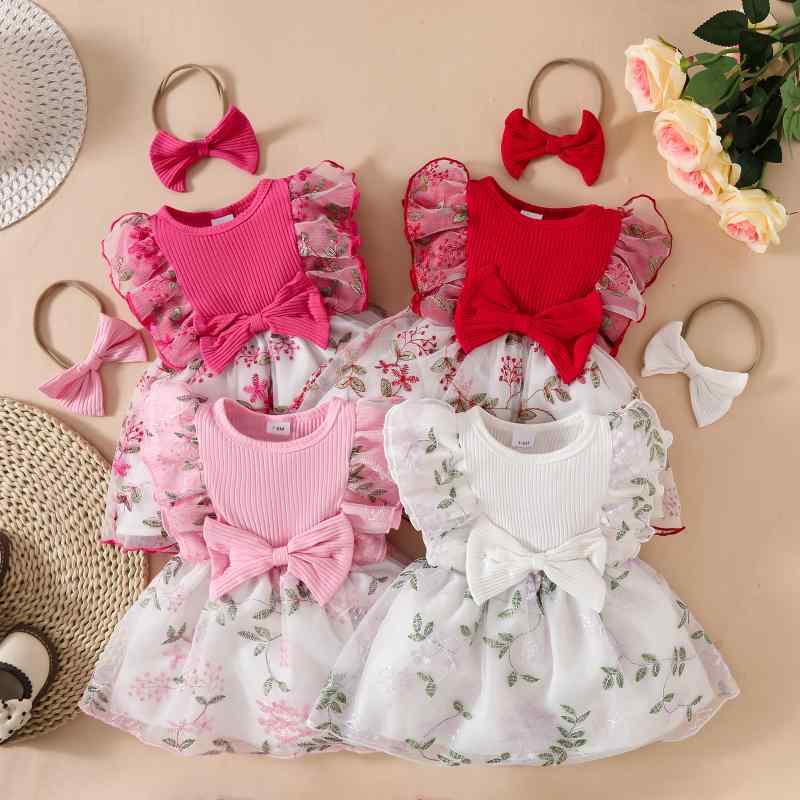 ワンピース ベビー 女の子 ノースリーブ かわいい プリンセス チュール フリル リボン 花柄 刺繍 Aライン ポリエステル ニット ソフト 赤ちゃん 幼児 夏
