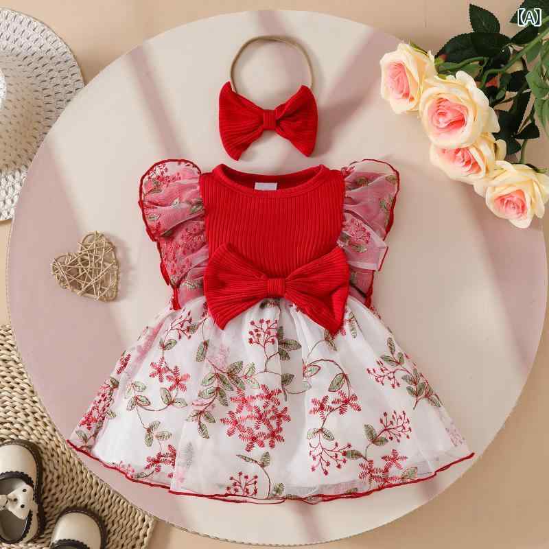 ワンピース ベビー 女の子 ノースリーブ かわいい プリンセス チュール フリル リボン 花柄 刺繍 Aライン ポリエステル ニット ソフト 赤ちゃん 幼児 夏